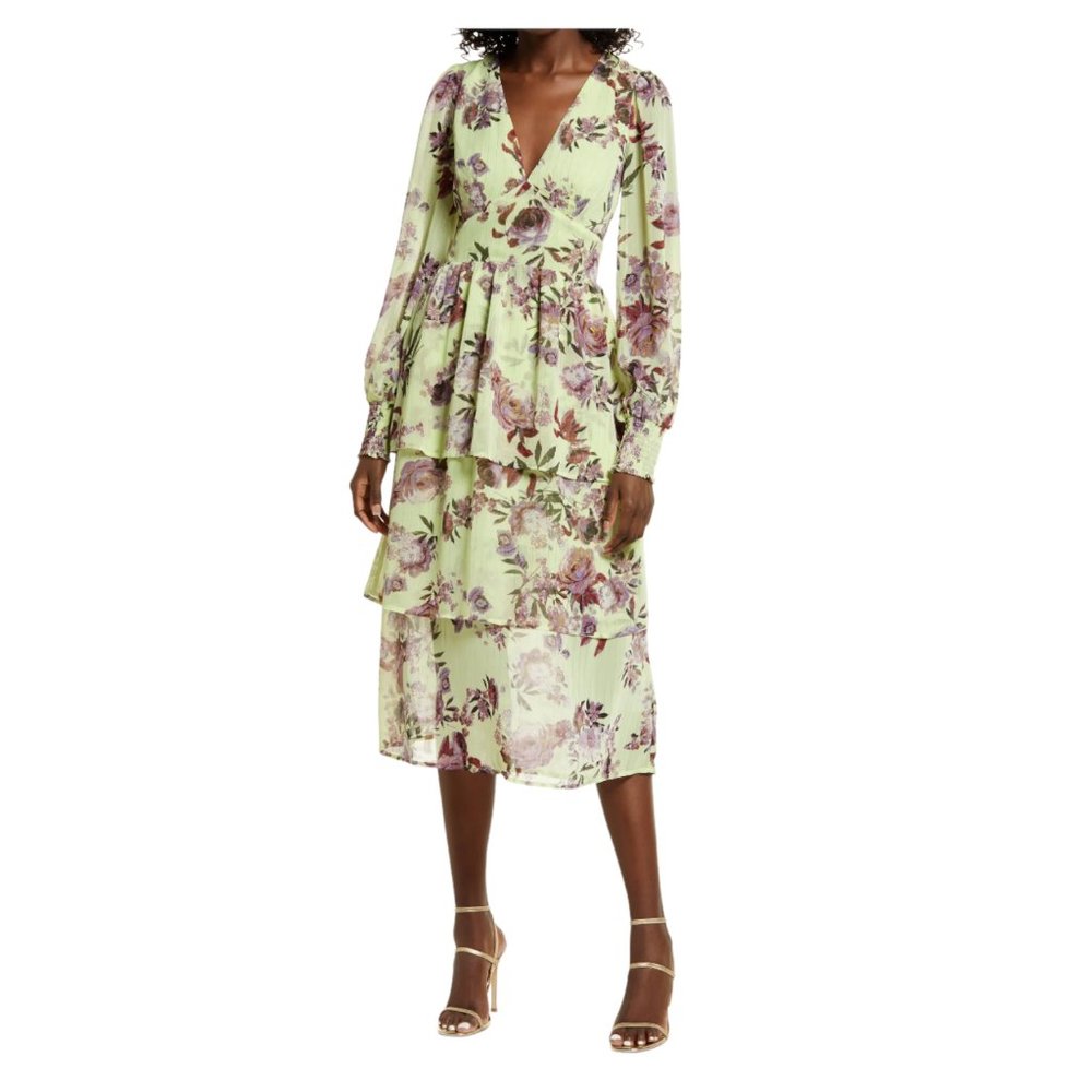 NWOT FOURTEENTH PLACE Ella Long Sleeve Chiffon Tiered Maxi Dress in Yellow Bouqu